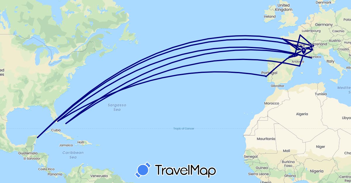 TravelMap itinerary: driving in Bahamas, Switzerland, Spain, France, Mexico, Portugal, United States (Europe, North America)